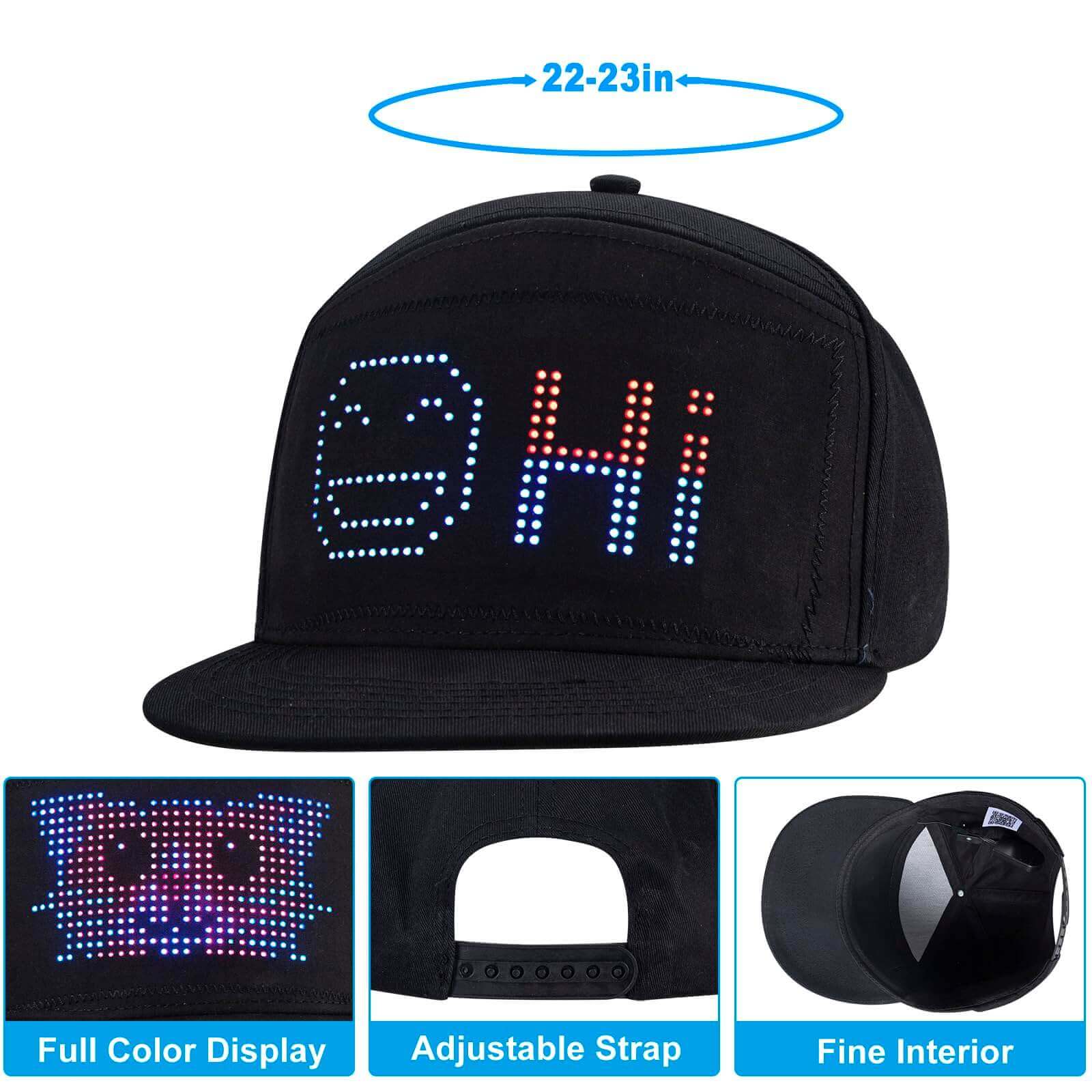 Gelrova LED hat showcasing customizable text display, adjustable strap, and lightweight design.