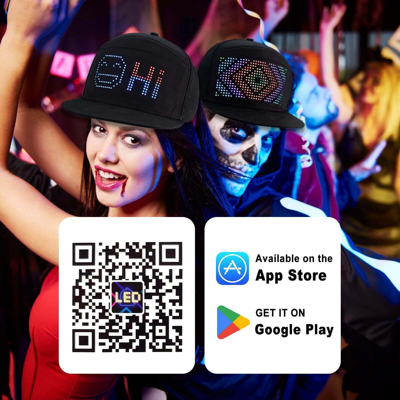 Gelrova LED hat in a party setting, featuring customizable text, QR code, and app download prompts.