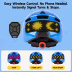 Wireless remote control demonstrating the left turn, right turn, and STOP brake light features on the kids LED bike helmet for instant safety.