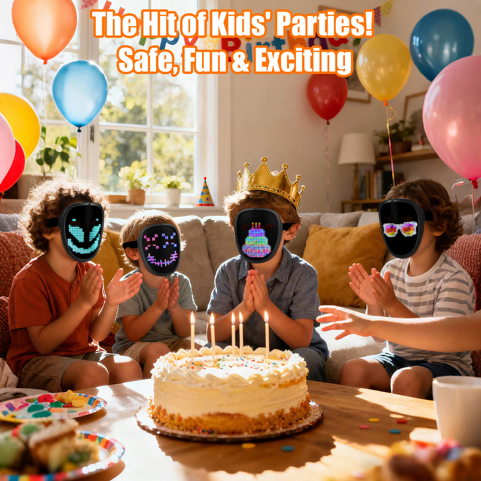 Kids celebrating a birthday with Gelrova Light Up Mask for Kids (Gesture Control) and a cake.