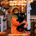 Child wearing Gelrova Light Up Mask for Kids (Gesture Control) with a black cat plush, celebrating Halloween.