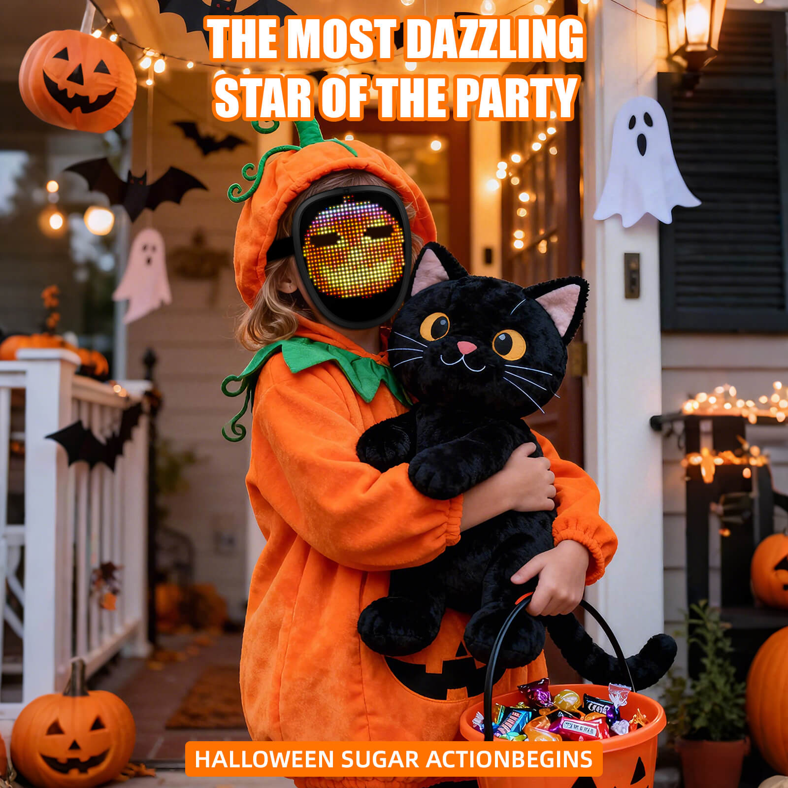 Child wearing Gelrova Light Up Mask for Kids (Gesture Control) with a black cat plush, celebrating Halloween.