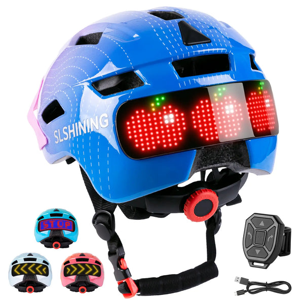 Blue-to-pink gradient kids LED bike helmet displaying a bright apple pattern, complete with wireless remote and charging cable.