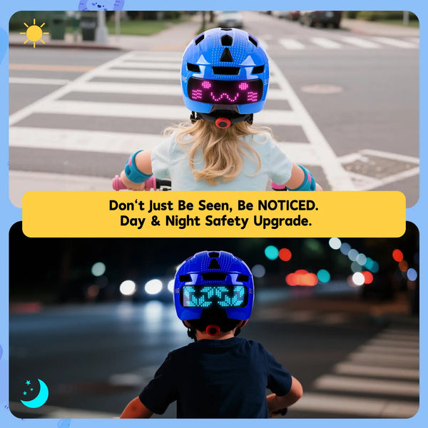 Young child safely riding a bike day and night wearing the high-visibility light up kids helmet with bright LED patterns.