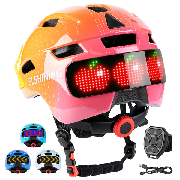 Orange-to-pink gradient light up kids bike helmet featuring an LED display for safe riding, perfect for girls and boys.