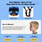 Size measurement guide for the kids LED bike helmet, featuring an easy-dial fit for head circumferences between 52 and 56 cm.