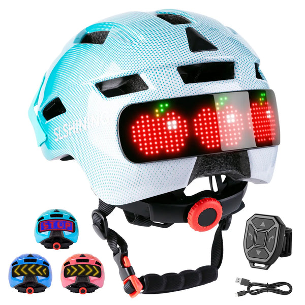 White-to-blue gradient kids bike helmet with turn signals, showing a glowing LED display designed for 3 to 14 year olds.
