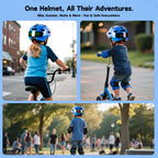 Children enjoying outdoor adventures on bikes, scooters, and skateboards while wearing the safe and fun Gelrova kids LED helmet.
