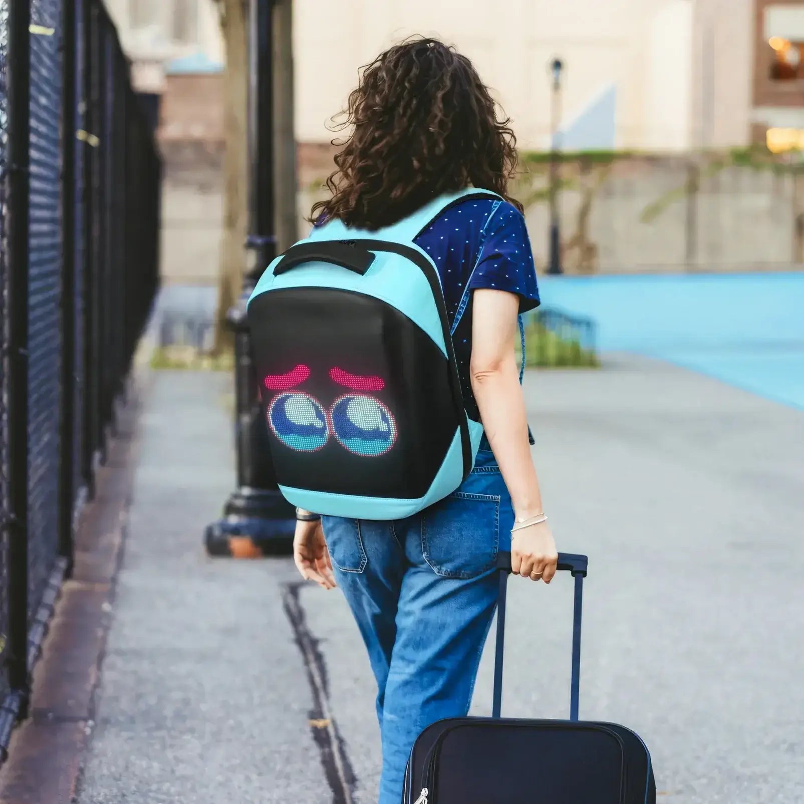 Girl traveling with Gelrova City Series LED backpack featuring customizable LED display