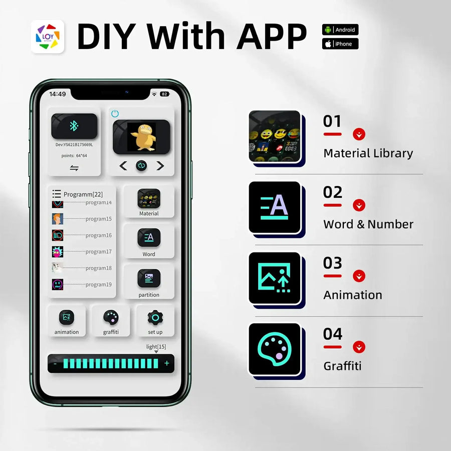 Gelrova City Series LED backpack app interface showing customizable LED screen designs