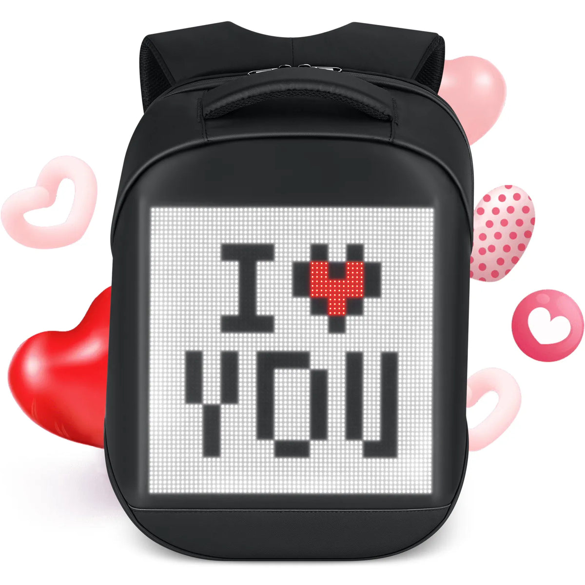 Gelrova LED Backpack – City Series 17" with colorful LED display showing pixel art.