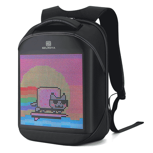 Gelrova LED Backpack featuring customizable pixel art display, durable waterproof material in sleek black design.