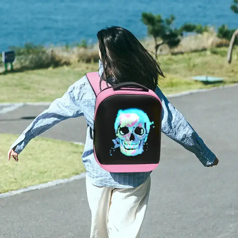 Girl hiking with Gelrova City Series LED backpack featuring customizable LED screen