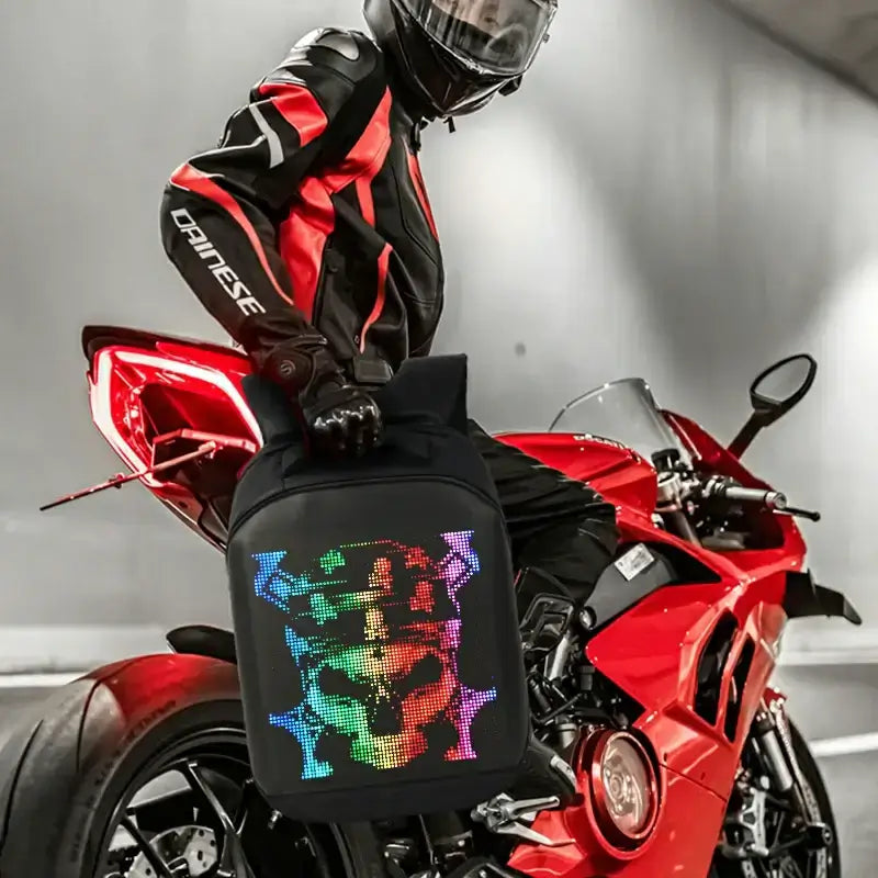 Motorcycle rider wearing Gelrova City Series LED backpack with customizable LED display