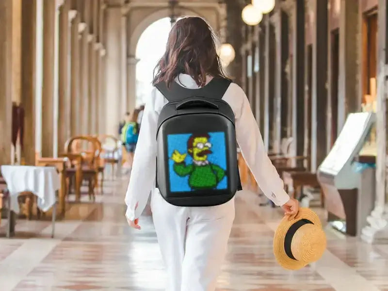 Girl shopping with Gelrova City Series LED backpack featuring customizable LED display