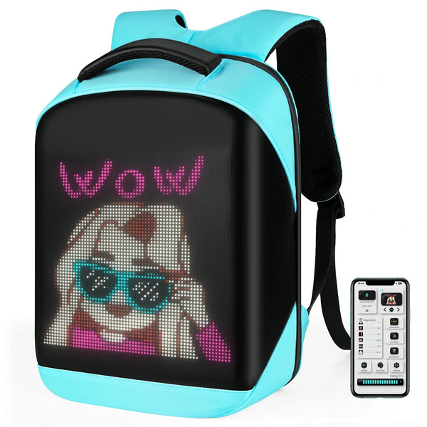 Gelrova LED Backpack – City Series 17" featuring customizable LED display and a smartphone for app connection.