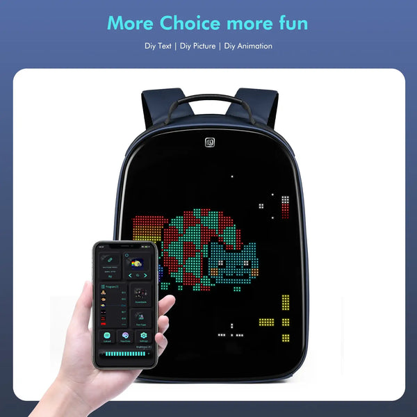 Gelrova LuminaPack X1 LED Motorcycle Backpack, 16.6" with customizable LED display and smartphone control.