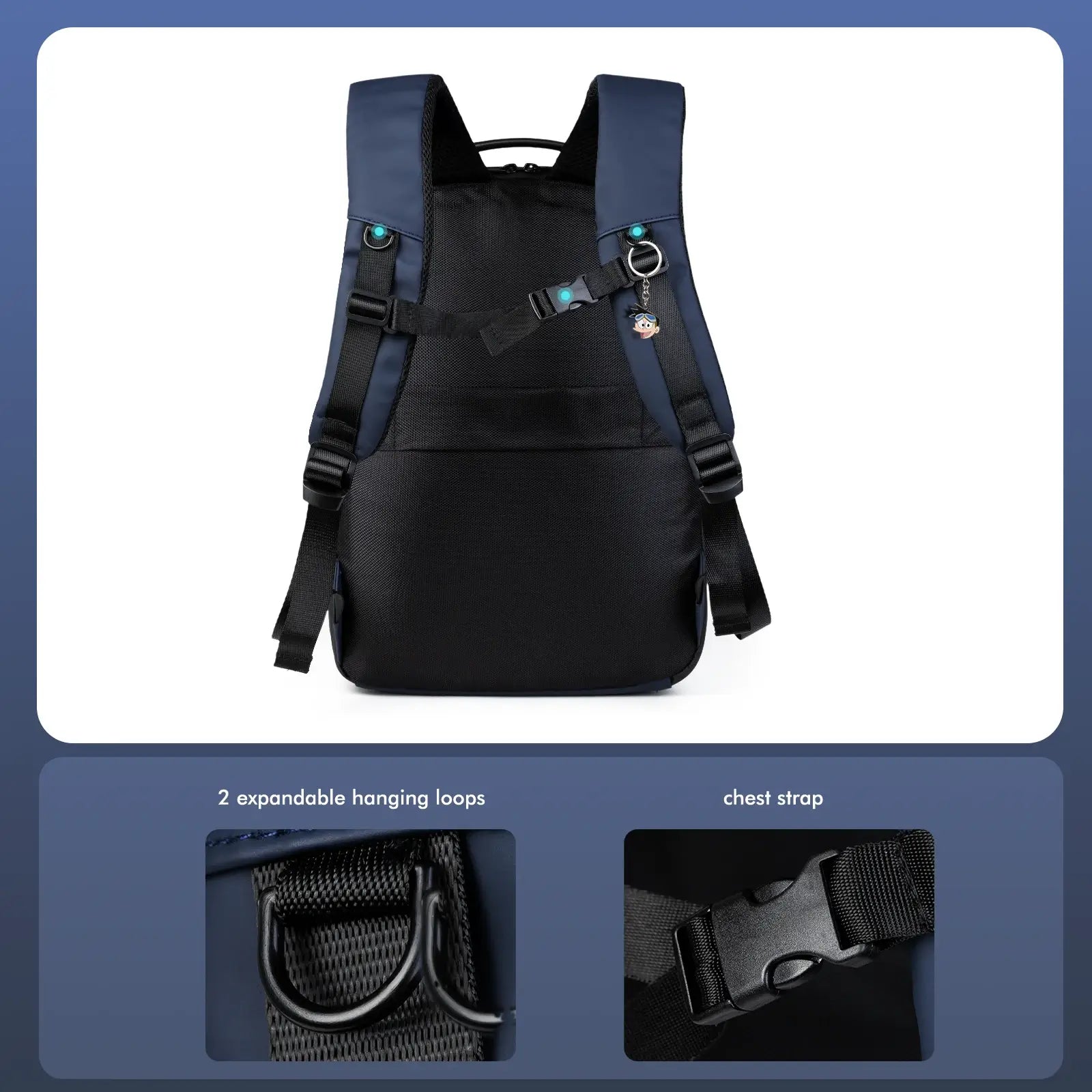 Back view of Gelrova LuminaPack X1 LED Motorcycle Backpack, 16.6" with expandable hanging loops and chest strap.