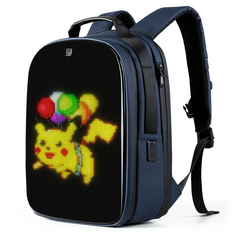 Gelrova LuminaPack X1 LED Motorcycle Backpack, 16.6-inch, Blue, Featuring Pikachu LED Design and Colorful Balloon Pattern