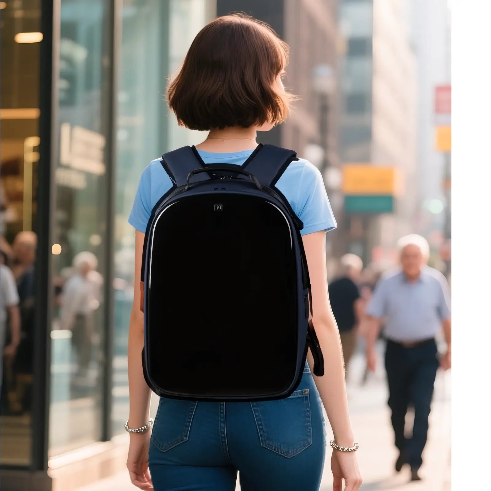 Person wearing Gelrova LuminaPack X1 LED Motorcycle Backpack, 16.6" in an urban setting.