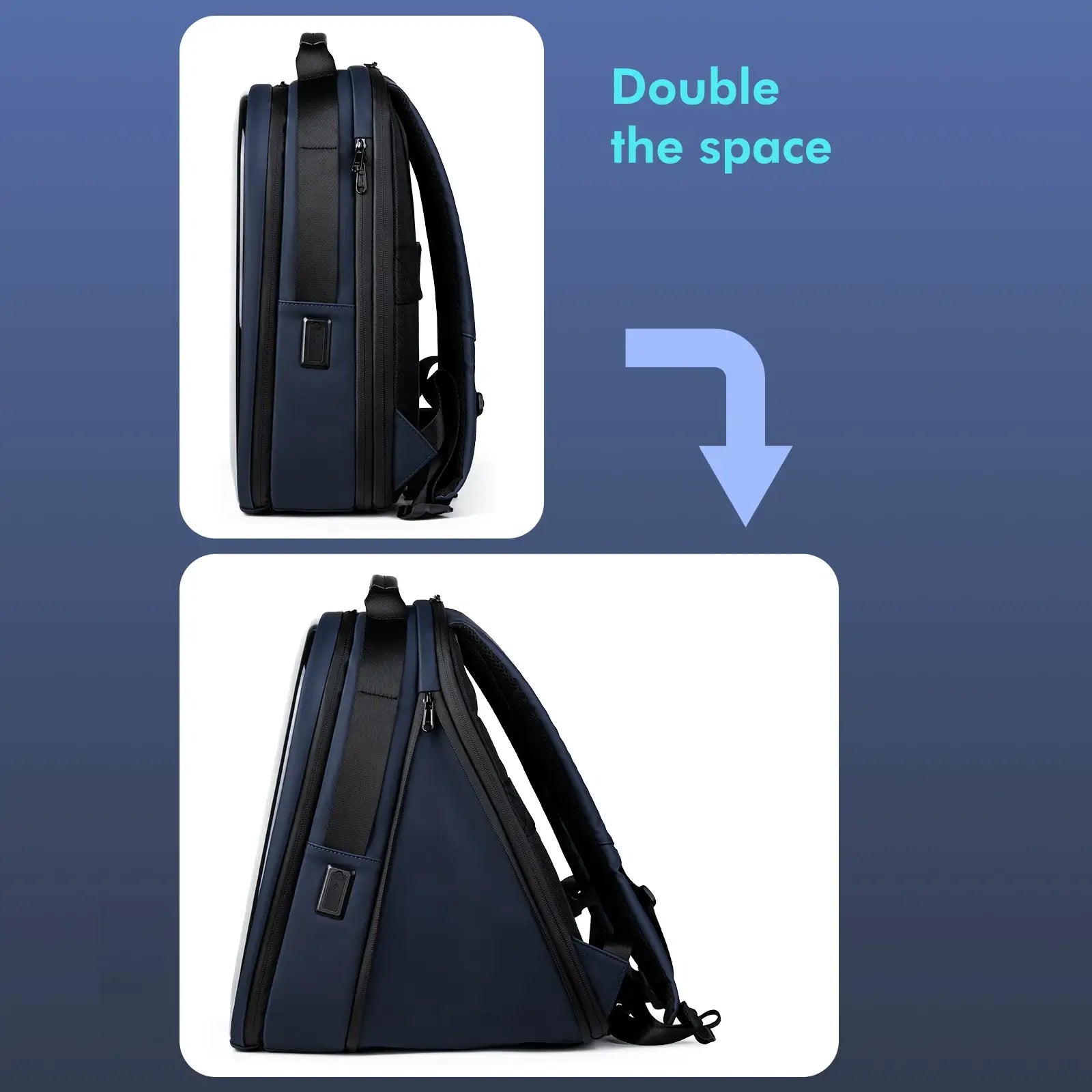 Gelrova LuminaPack X1 LED Motorcycle Backpack, 16.6" showing expandable space feature for increased storage capacity.