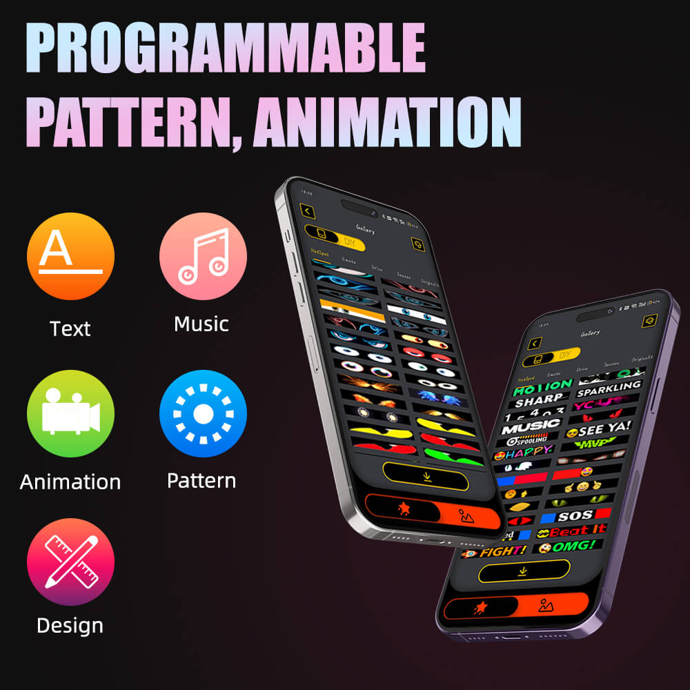 Showcasing the versatile programming options for the Gelrova LED Car Sign, including custom text, music sync, animations, patterns, and freeform designs via the app.