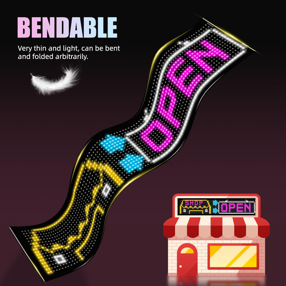 The flexible and lightweight Gelrova LED Car Sign being bent to demonstrate its suitability for curved surfaces like car windows or store fronts.