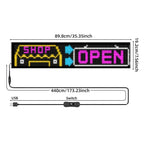 Detailed dimensions of the LED Car Sign, showing its 35.35-inch length and 7.56-inch height, along with a 14.7ft USB power cable with an inline switch.
