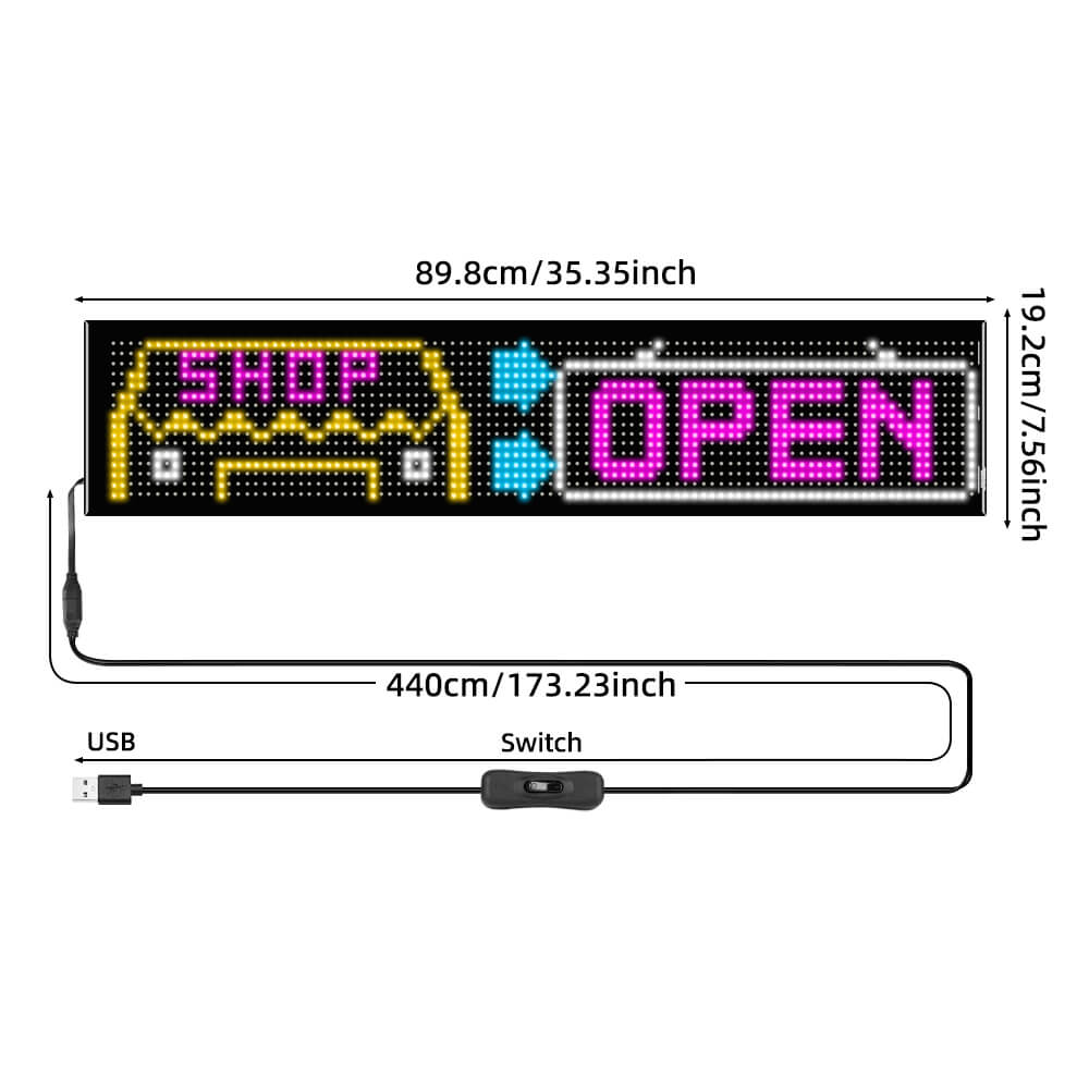 Detailed dimensions of the LED Car Sign, showing its 35.35-inch length and 7.56-inch height, along with a 14.7ft USB power cable with an inline switch.