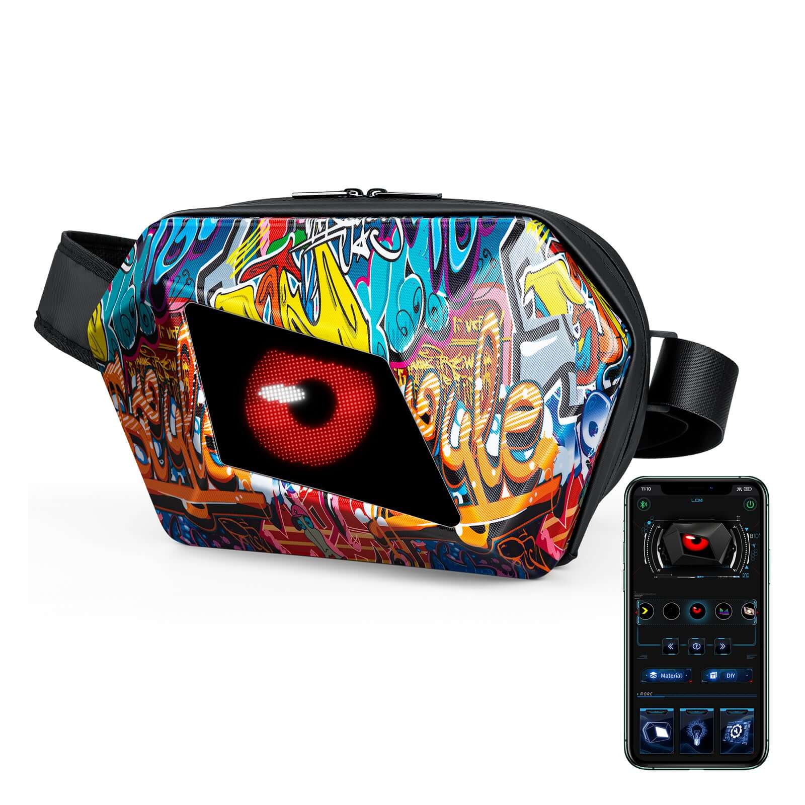 Gelrova LED Crossbody Bag - Devil Eye Bag 12.5" with vibrant graffiti design and LED feature, alongside a mobile device.