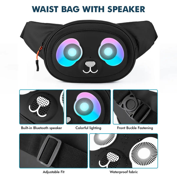 Detailed feature breakdown of the LED waist bag showing the built-in Bluetooth speaker, colorful lighting, adjustable strap, and waterproof fabric.