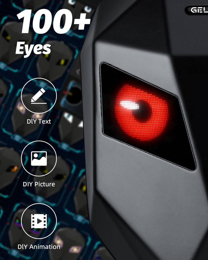 The Gelrova LED motorcycle backpack features a fully customizable screen with 100+ eye designs and options to upload your own DIY text, pictures, and animations.