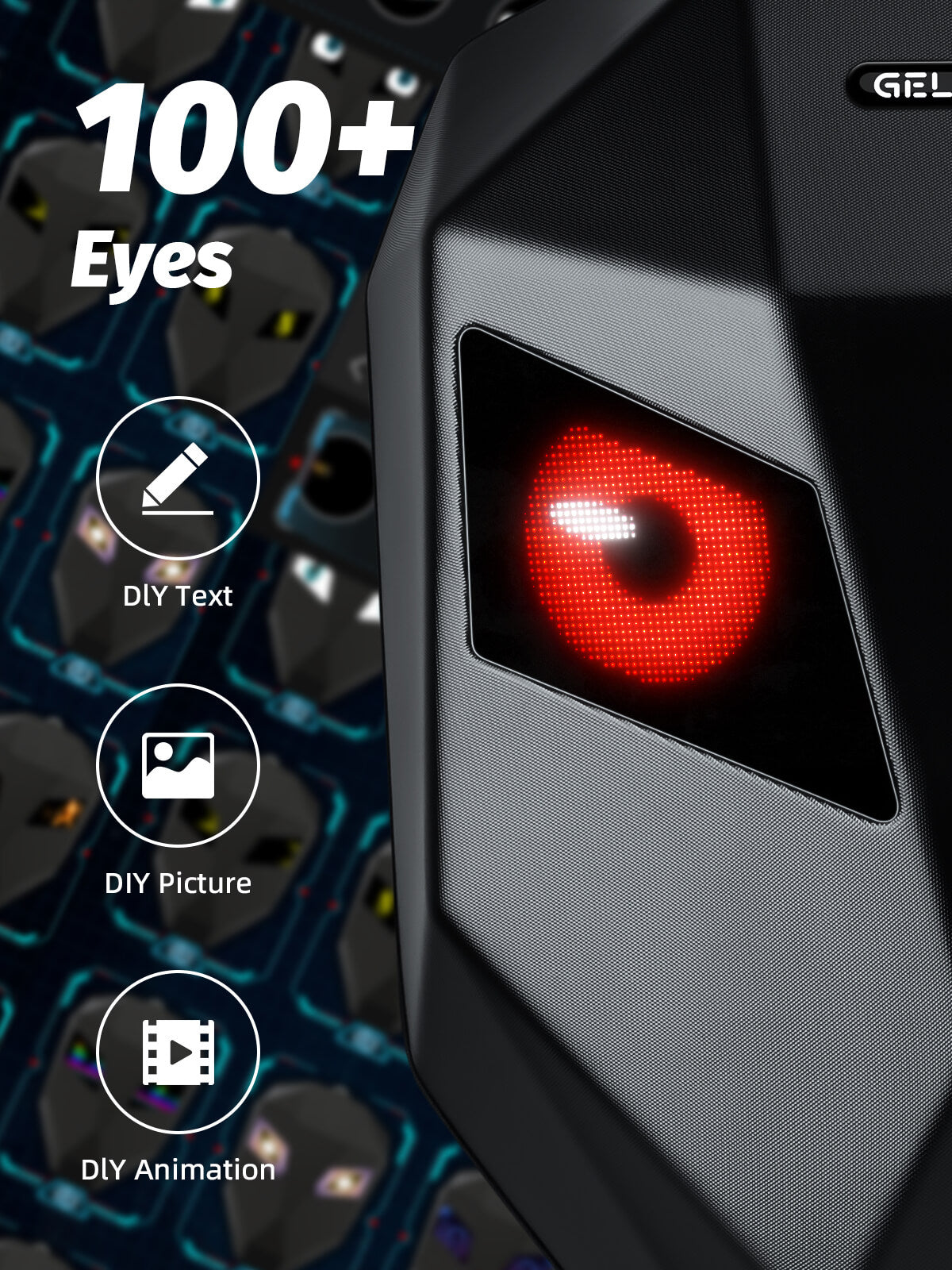 The Gelrova LED motorcycle backpack features a fully customizable screen with 100+ eye designs and options to upload your own DIY text, pictures, and animations.