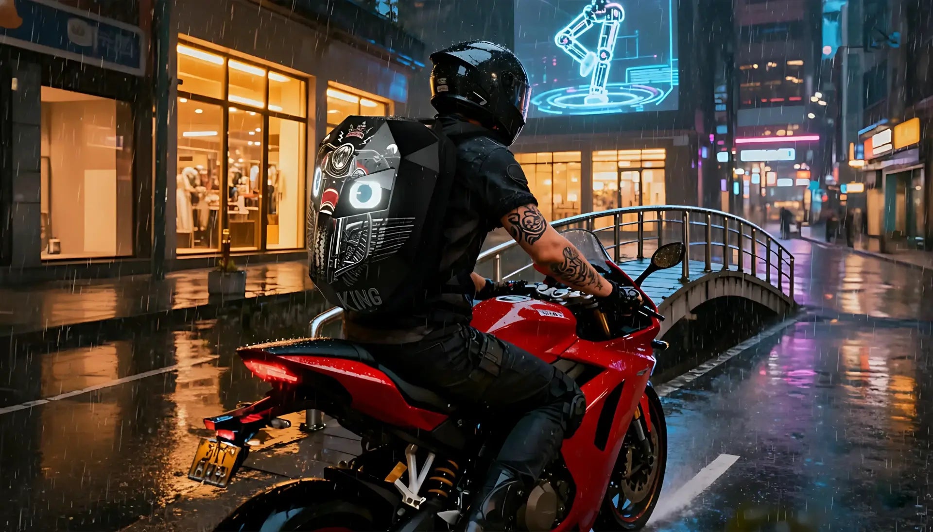 Motorcyclist riding in a rainy city at night, wearing the waterproof Gelrova hard shell LED motorcycle backpack with its bright, glowing display for visibility.