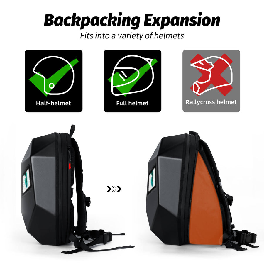 Demonstration of the expandable storage capacity of the Gelrova LED motorcycle backpack, showing it is designed to fit both full-face and half-helmets.