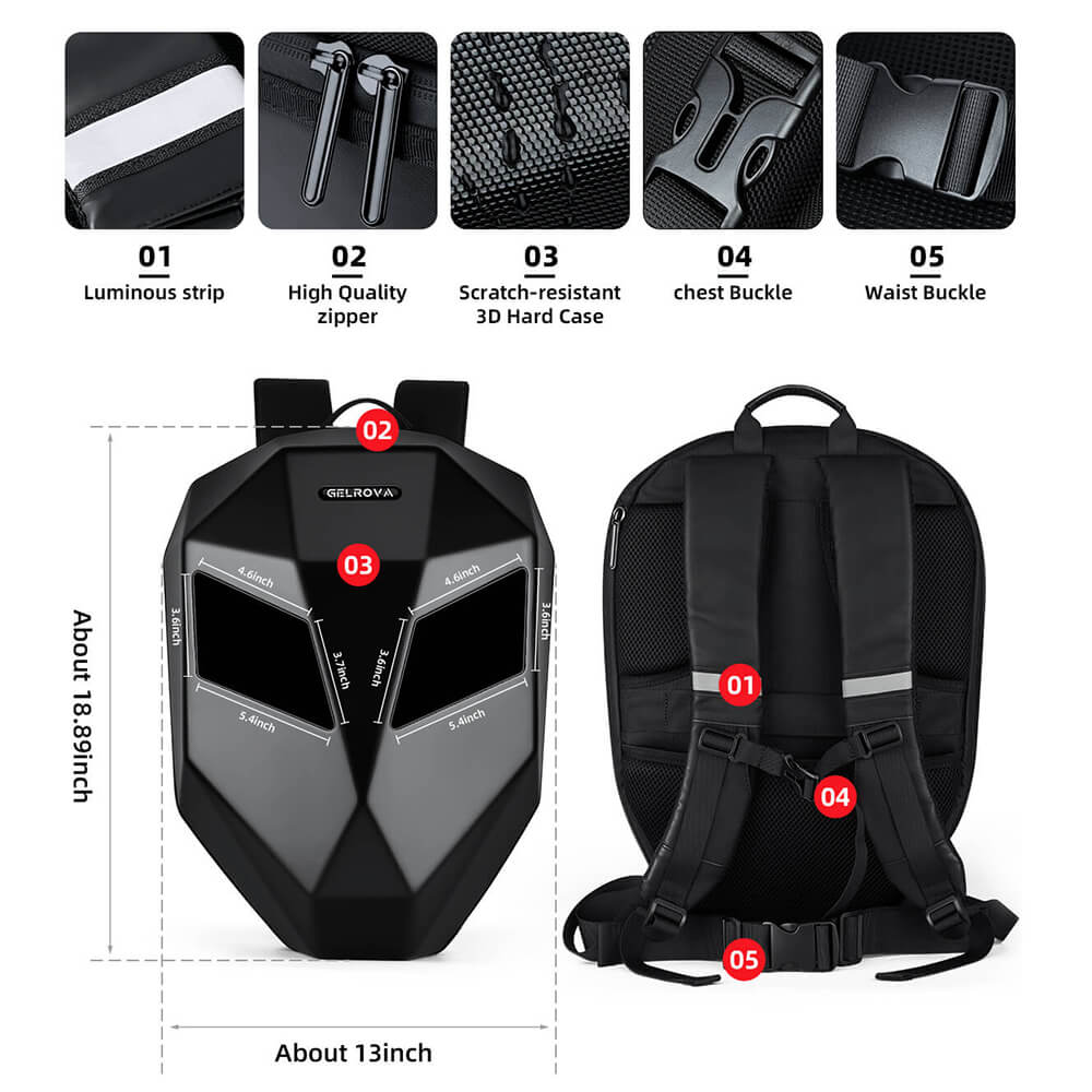 Detailed features of the Gelrova LED motorcycle backpack, highlighting its dimensions, scratch-resistant 3D hard case, high-quality zippers, luminous safety strips, and secure chest and waist buckles
