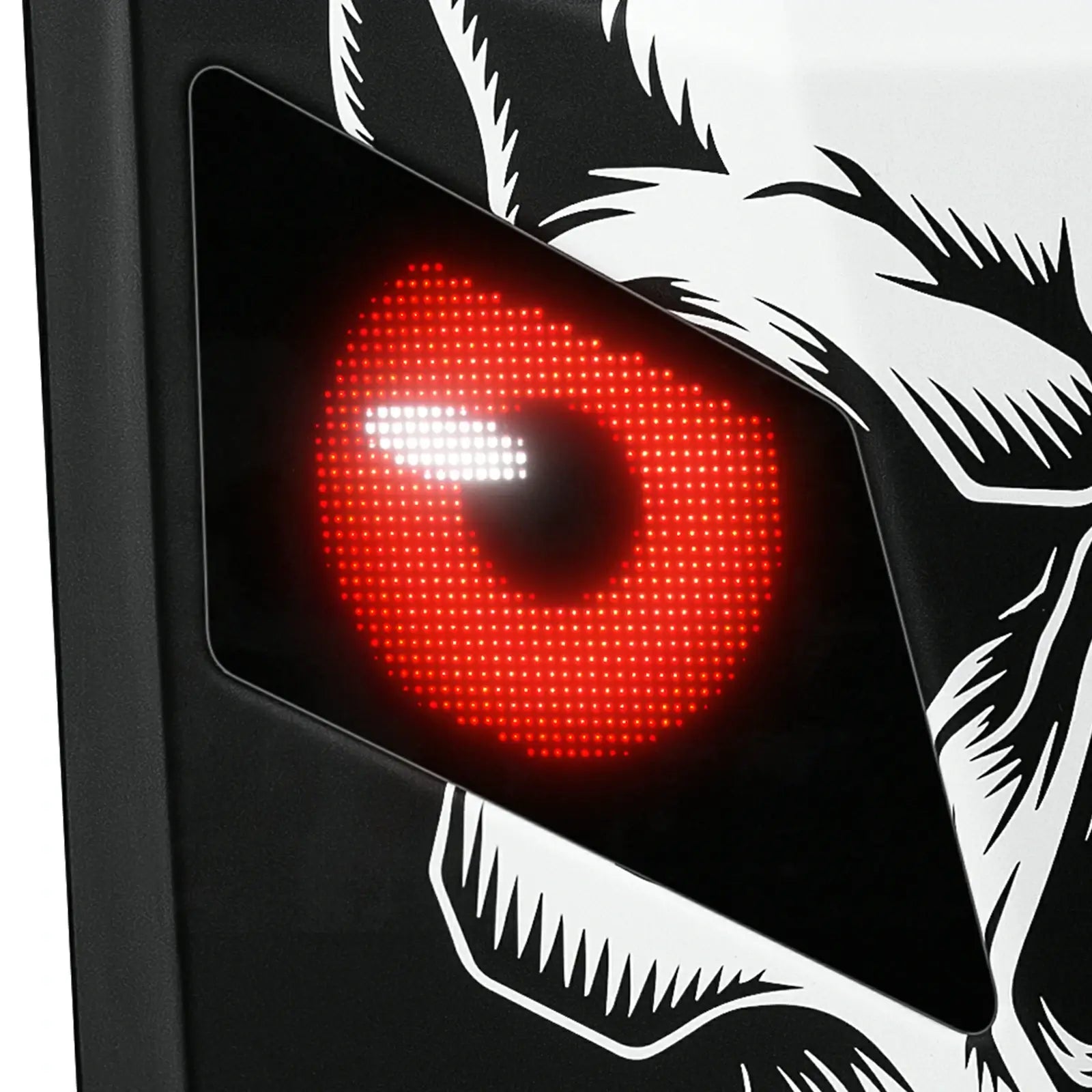 Close-up of the programmable red LED eye on the Gelrova Knight Series LED motorcycle backpack.