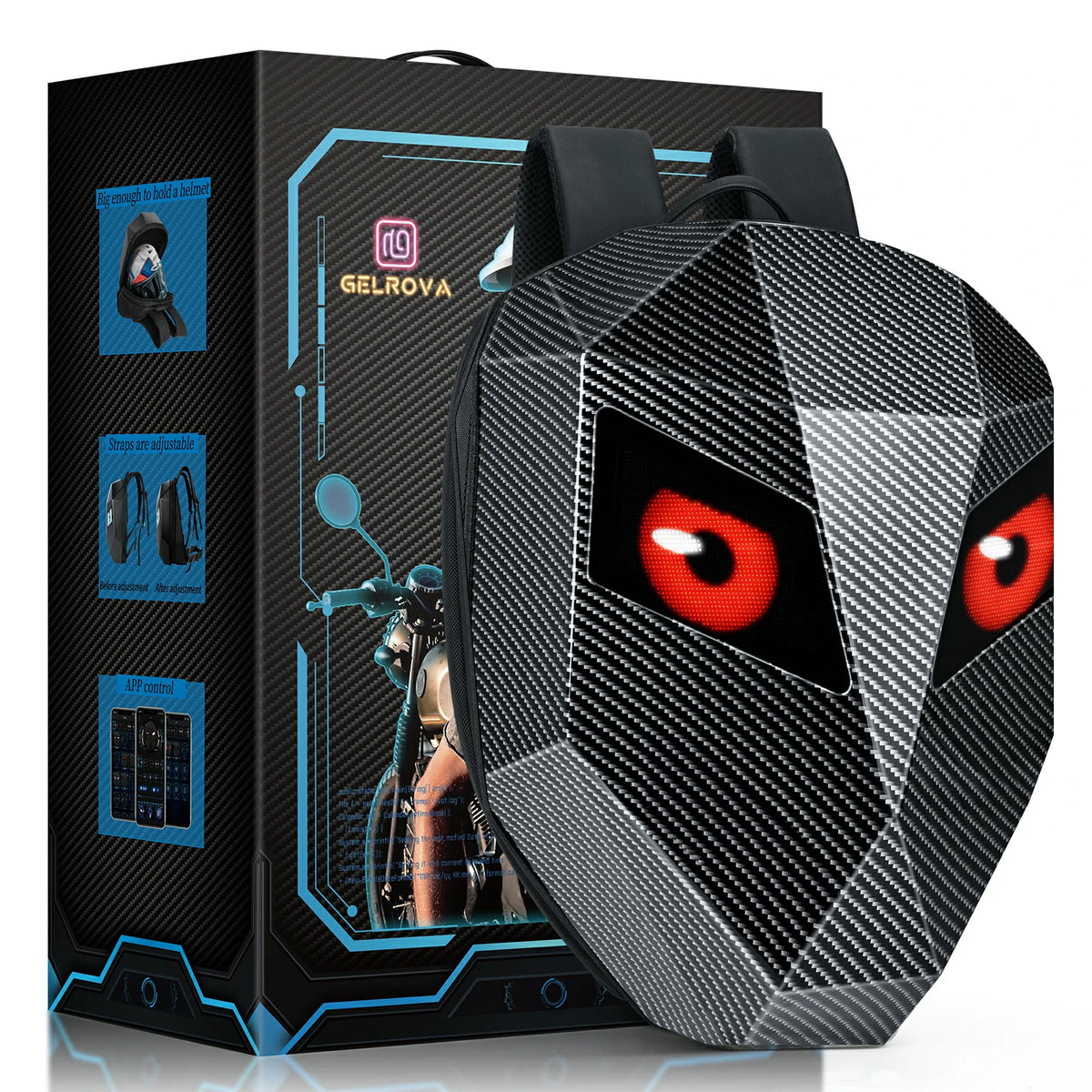 Gelrova LED Motorcycle Backpack - Knight Series with customizable LED eyes, designed for cyclists, featuring a hard shell.