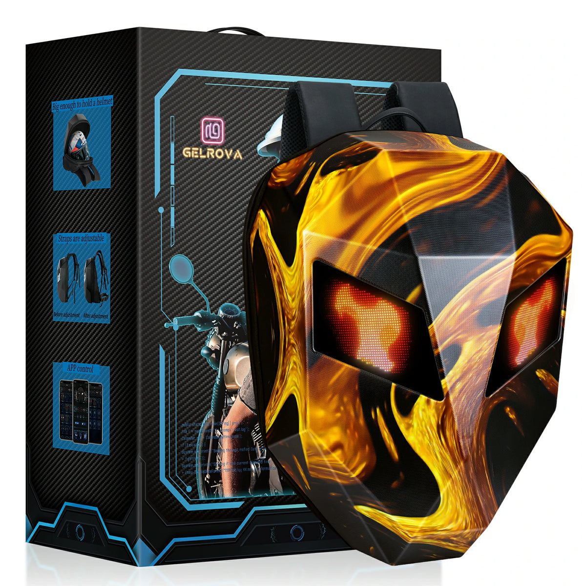 Gelrova LED Motorcycle Backpack - Knight Series with customizable LED eyes and hard shell design.