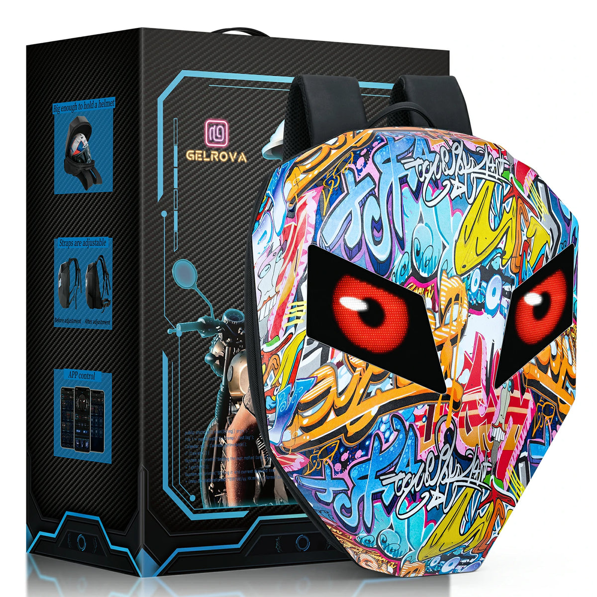 Gelrova LED Motorcycle Backpack - Knight Series with customizable LED eyes and graffiti design, showcasing its unique style and functionality.