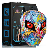 Gelrova LED Motorcycle Backpack - Knight Series with customizable LED eyes and graffiti design, showcasing its unique style and functionality.