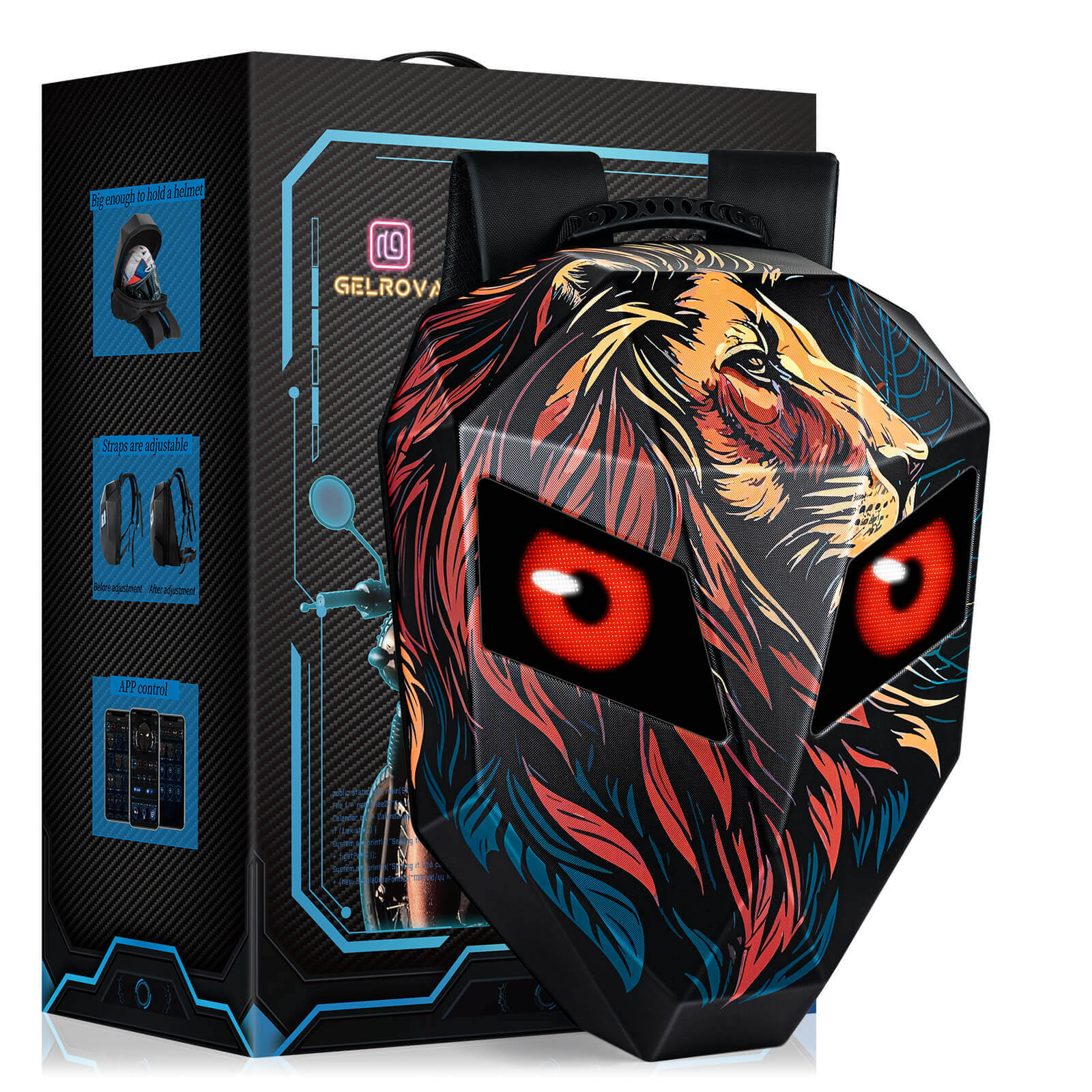 Gelrova LED Motorcycle Backpack - Knight Series with lion design and customizable LED eyes in display packaging.