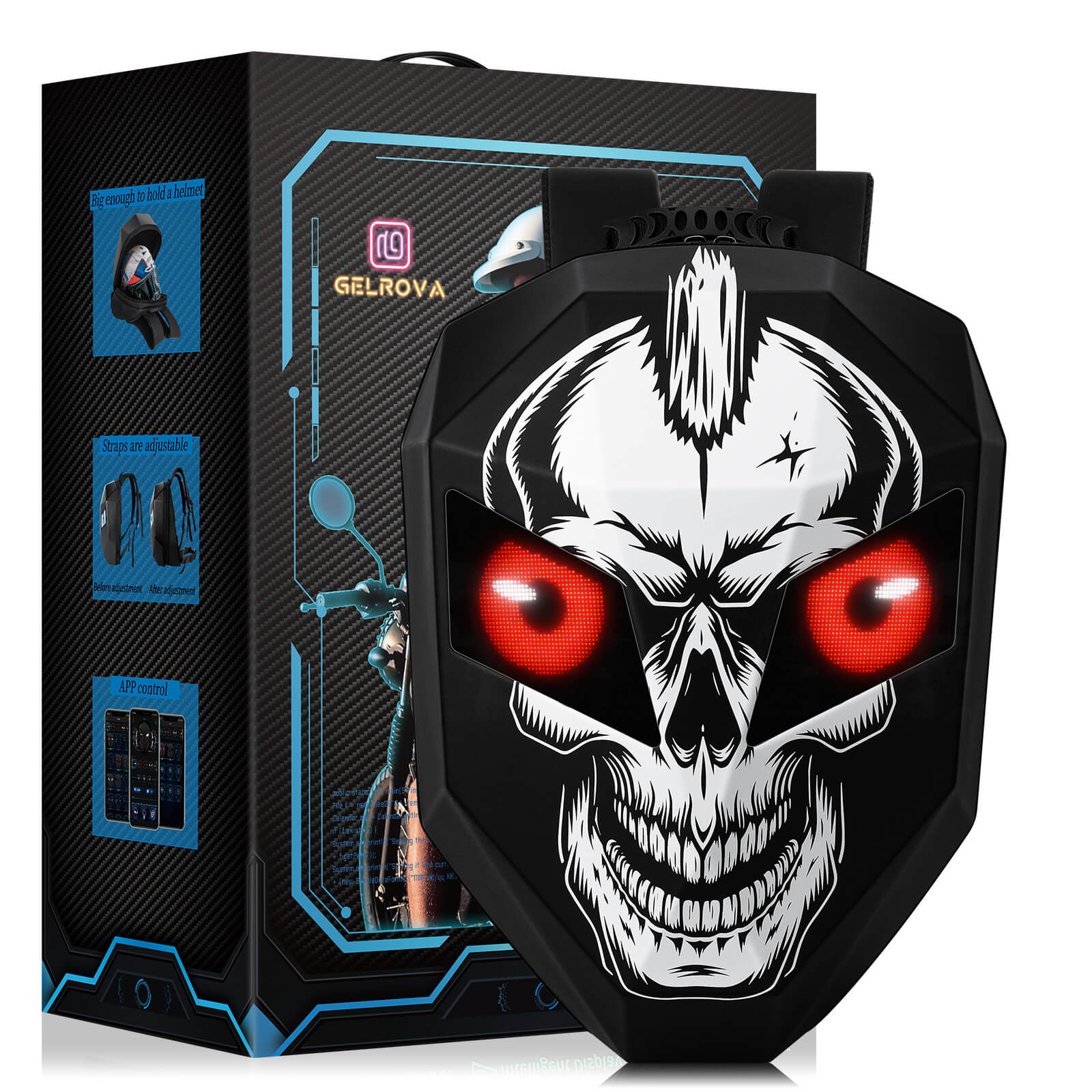 Gelrova LED Motorcycle Backpack - Knight Series with skull design and LED eyes in packaging.