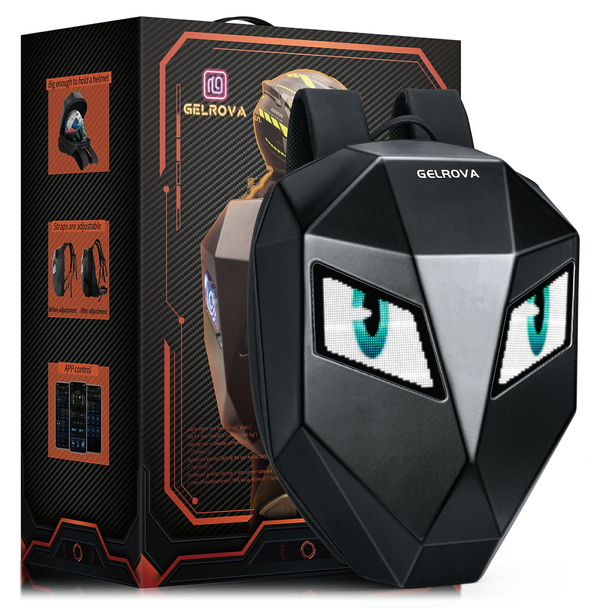 Gelrova LED Motorcycle Backpack - Knight Series with customizable LED eyes, displayed in packaging.