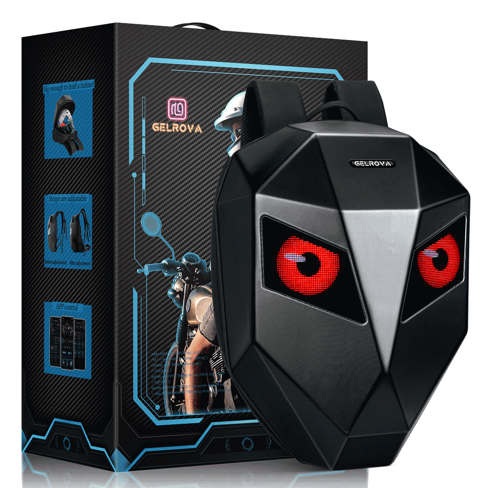 Gelrova LED Motorcycle Backpack - Knight Series with customizable LED eyes, showcasing its hard shell and stylish design.
