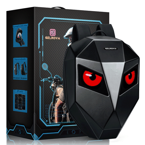 Gelrova LED Motorcycle Backpack - Knight Series with customizable LED eyes, showcasing its hard shell and stylish design.
