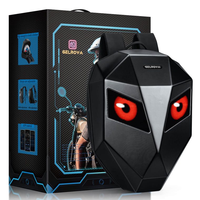 Gelrova LED Motorcycle Backpack - Knight Series with customizable LED eyes and hard shell design.
