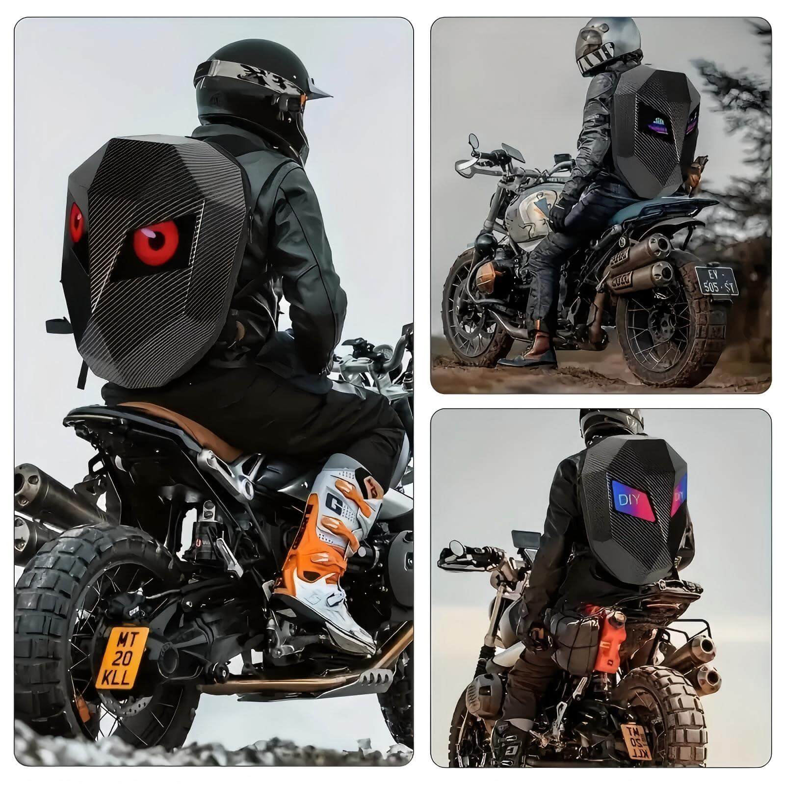 Gelrova LED Motorcycle Backpack - Knight Series displayed on a rider's back with customizable LED eyes.