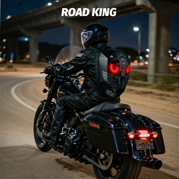 Gelrova LED Motorcycle Backpack - Knight Series on a rider during night ride with illuminated LED eyes.