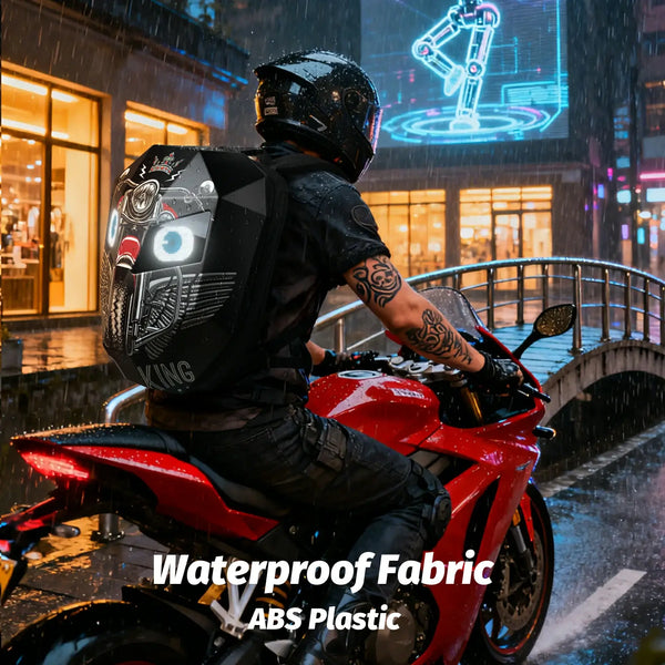 Gelrova LED Motorcycle Backpack - Knight Series with waterproof fabric on a motorcyclist in rain.